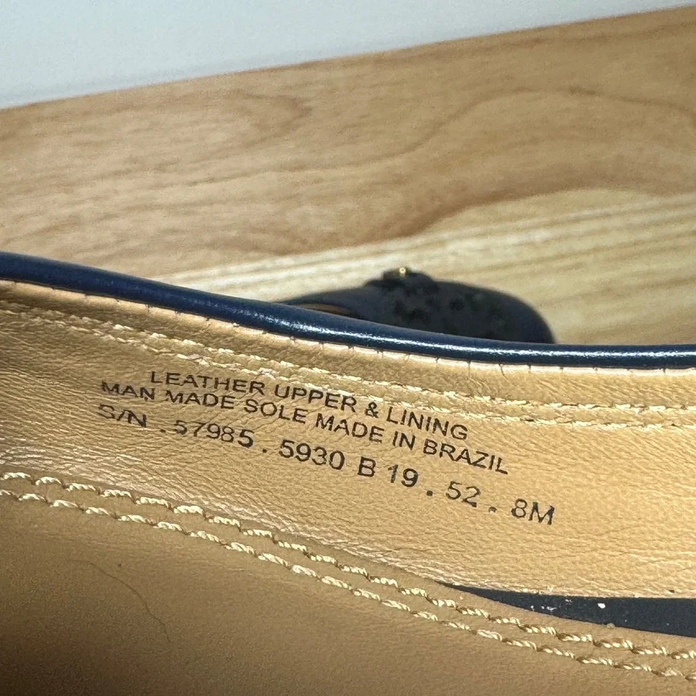 Tory Burch Navy Blue Leather Block Heel Logo Medallion Pumps 57985 Womens 8M